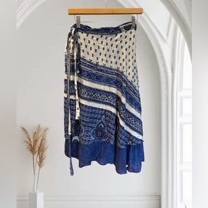 Bohemian SILK Block Print Wrap Skirt Blue and White Asymmetrical‎ India OS